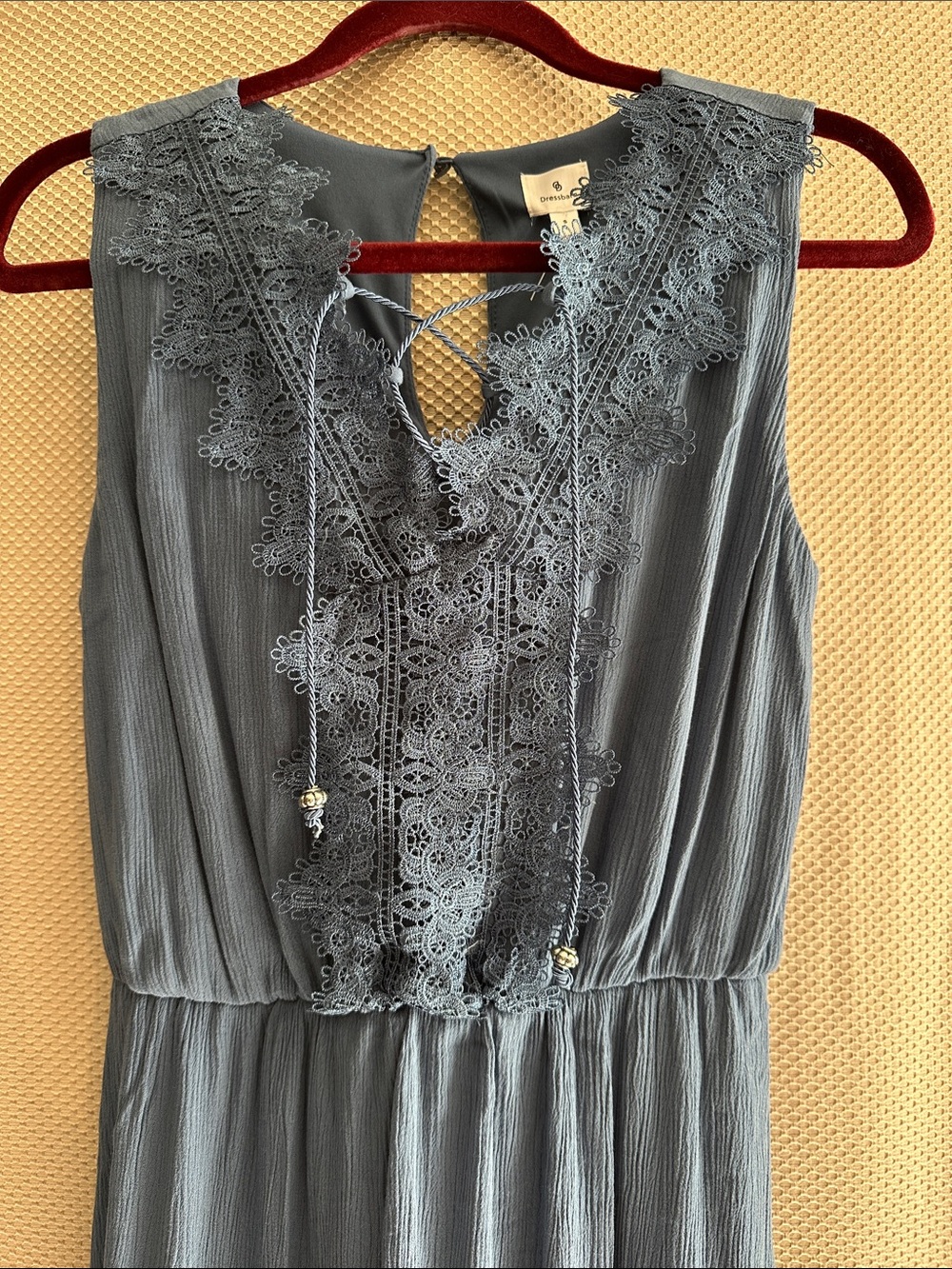 Dressbarn Slate Blue Boho Crochet Lace High Low Midi Maxi Dress Small Viscose
